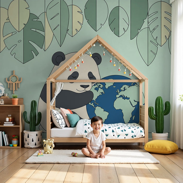 Babyzimmer Tapete | Kuschelnder Panda und Globus unter tropischen Blättern