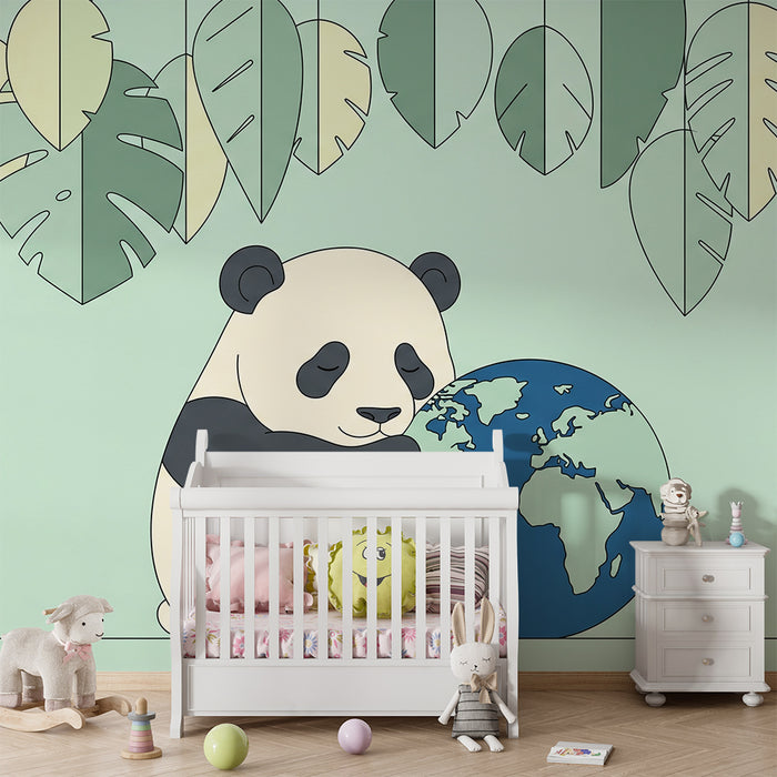 Babyzimmer Tapete | Kuschelnder Panda und Globus unter tropischen Blättern