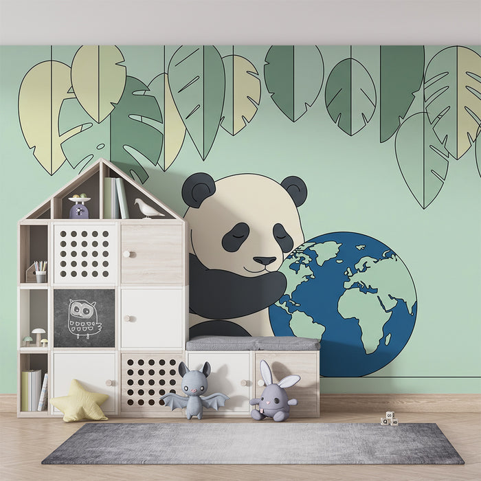 Babyzimmer Tapete | Kuschelnder Panda und Globus unter tropischen Blättern