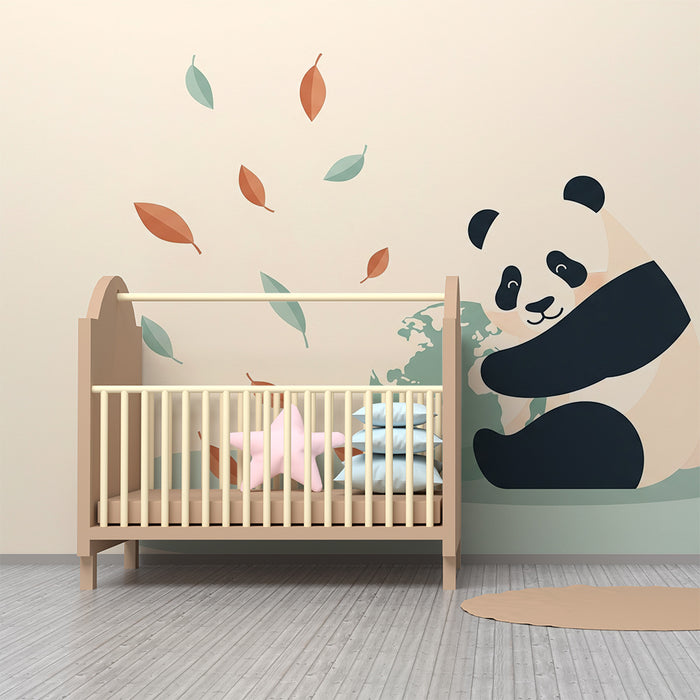Babykamer behang | Knuffelende panda en aarde in een zachte omgeving