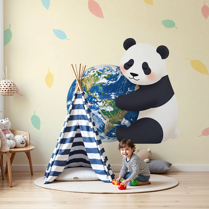 Tapet barnerom | Kosebamse panda holder jorden med fargerike blader