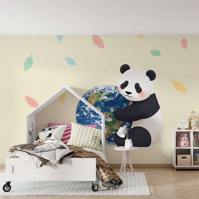 Tapet barnerom | Kosebamse panda holder jorden med fargerike blader
