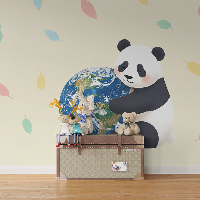 Tapet barnerom | Kosebamse panda holder jorden med fargerike blader