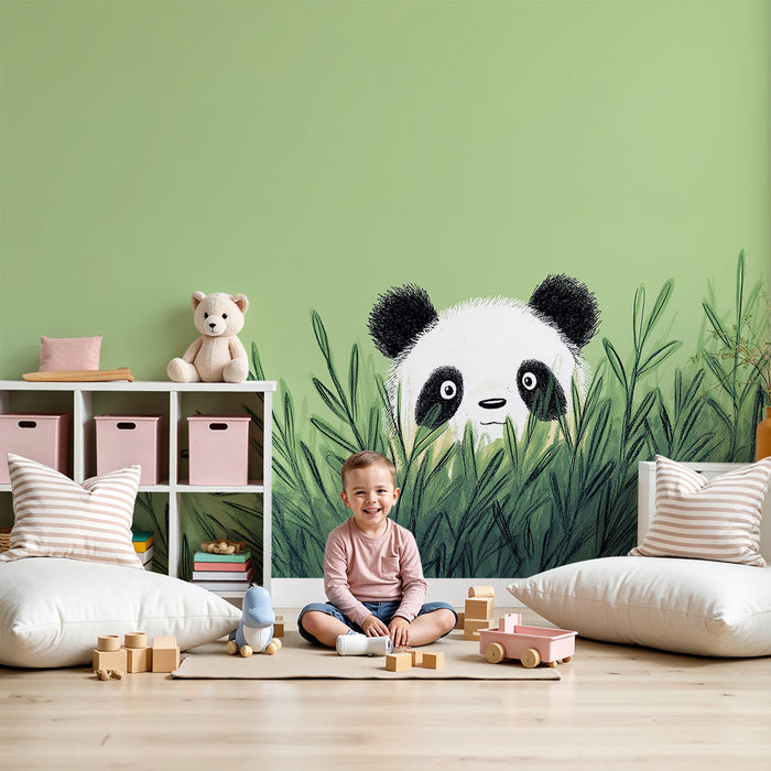 Barntapet | Nyfiken panda gömd i grönskan