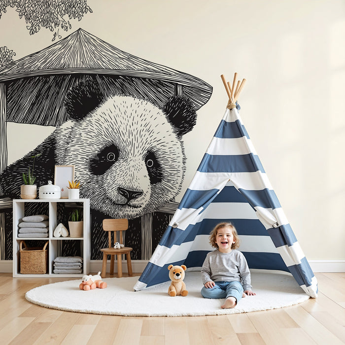 Papier peint chambre bébé | Panda curieux dans un abri