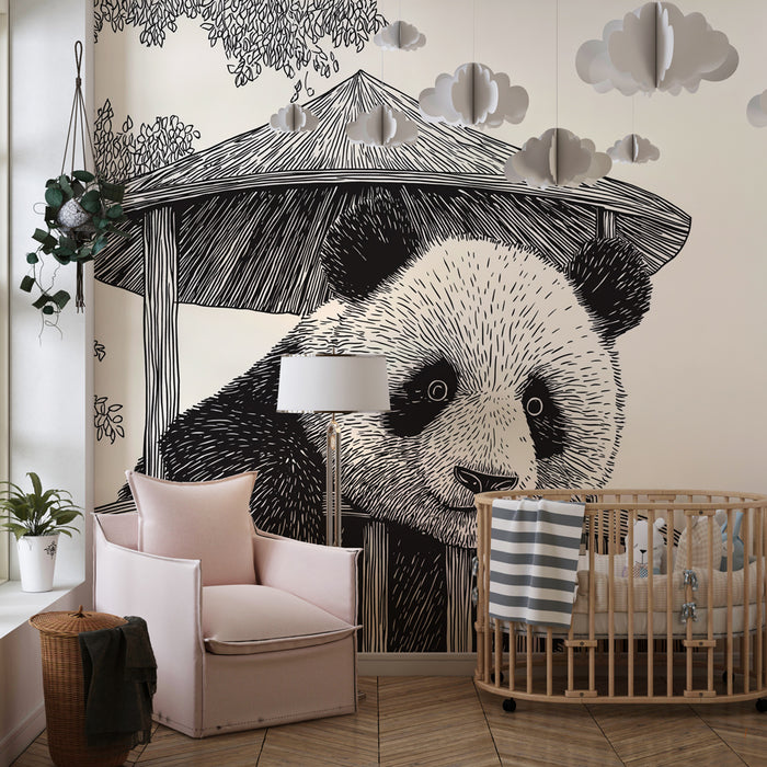 Papier peint chambre bébé | Panda curieux dans un abri