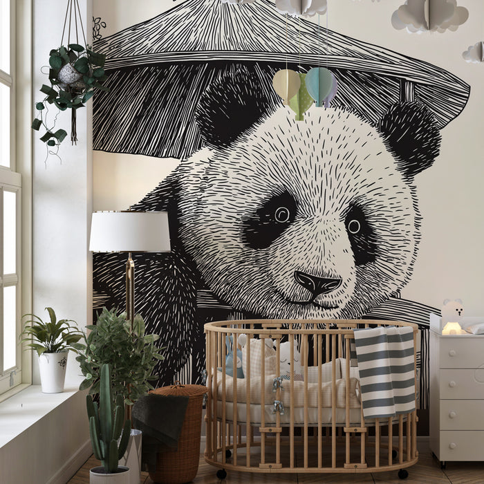 Papier peint chambre bébé | Panda curieux dans un abri