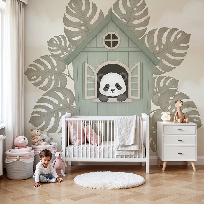 Lastenhuoneen tapetti | Panda talossaan lehtien keskellä