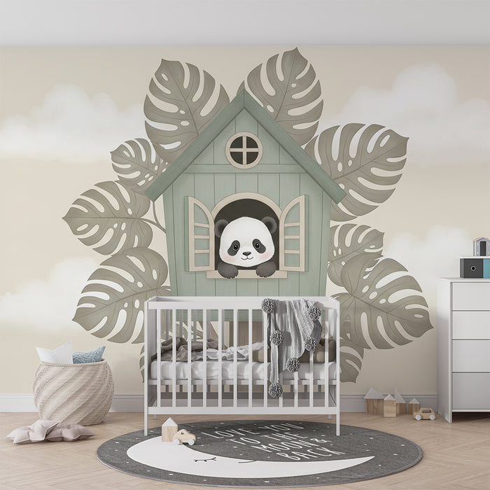 Lastenhuoneen tapetti | Panda talossaan lehtien keskellä