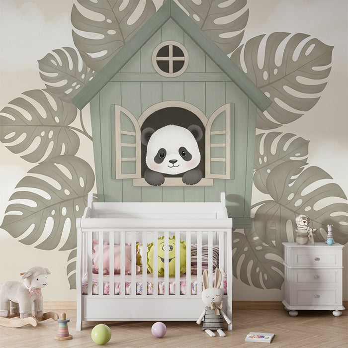 Lastenhuoneen tapetti | Panda talossaan lehtien keskellä