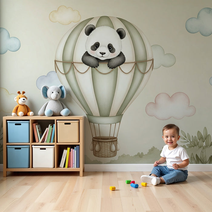 Papier peint chambre bébé | Panda dans un ballon dirigeable