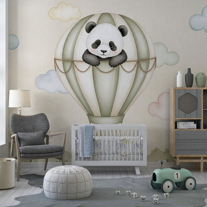 Papier peint chambre bébé | Panda dans un ballon dirigeable