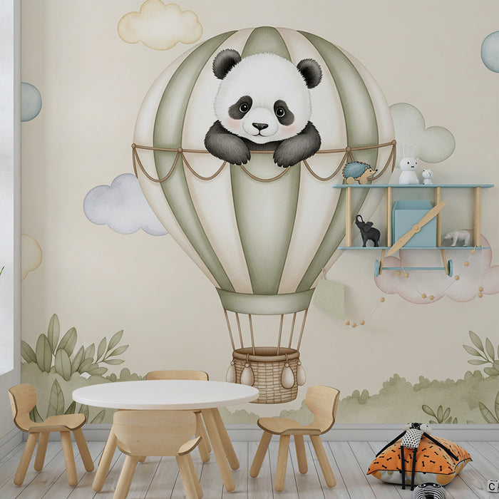 Papier peint chambre bébé | Panda dans un ballon dirigeable