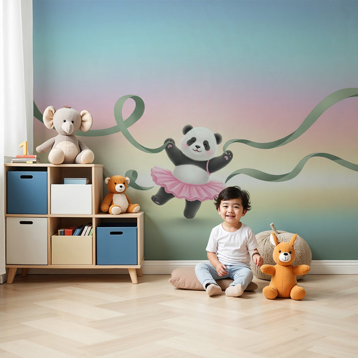 Lastenhuoneen tapetti | Tanssiva panda ja värikkäät nauhat