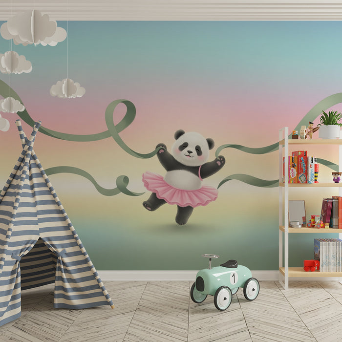 Lastenhuoneen tapetti | Tanssiva panda ja värikkäät nauhat