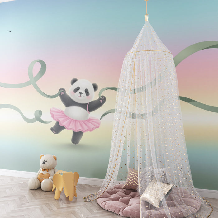 Lastenhuoneen tapetti | Tanssiva panda ja värikkäät nauhat