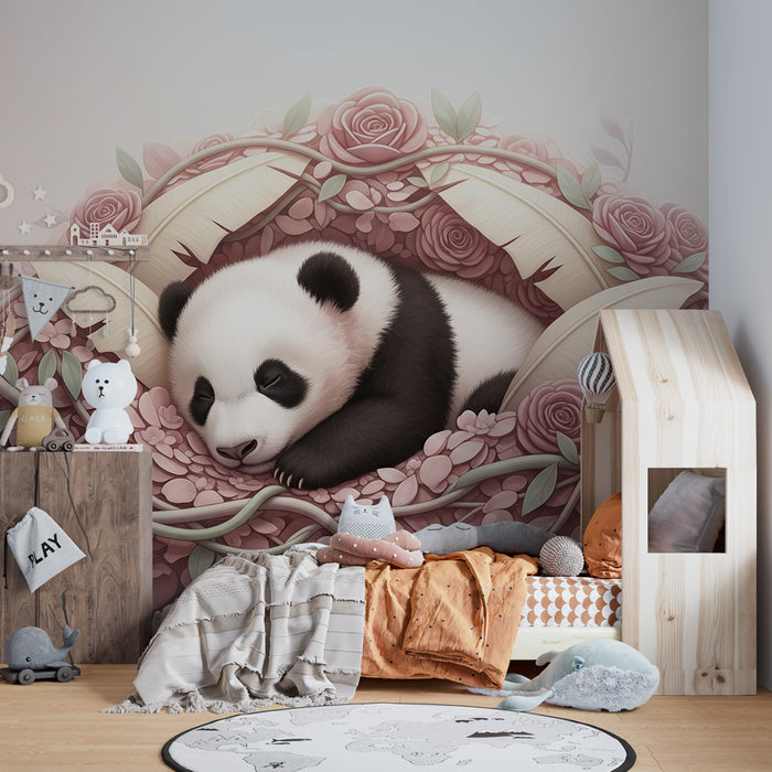 Babykamer behang | Slapende panda te midden van bloemen