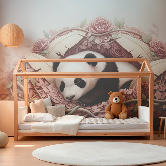 Babykamer behang | Slapende panda te midden van bloemen