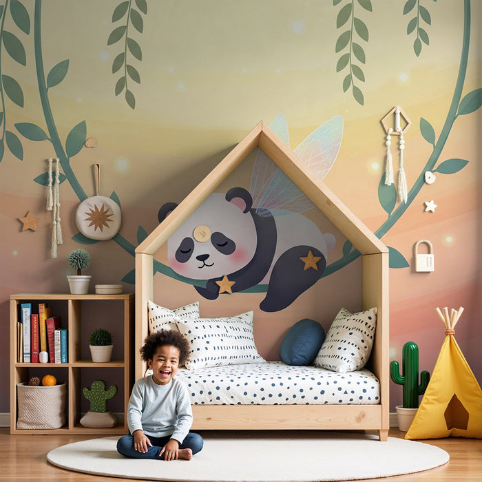 Babyzimmer Tapete | Schlafender Panda mit Feenflügeln in einer Pastellumgebung