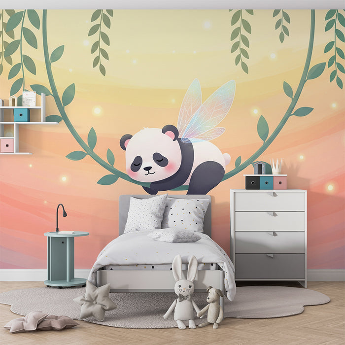 Babyzimmer Tapete | Schlafender Panda mit Feenflügeln in einer Pastellumgebung