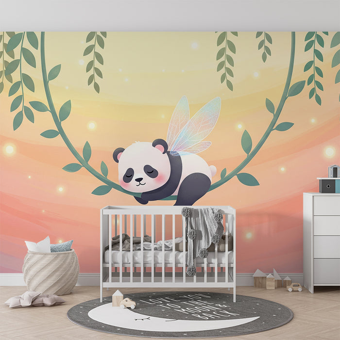 Babyzimmer Tapete | Schlafender Panda mit Feenflügeln in einer Pastellumgebung