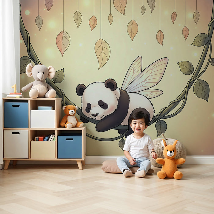 Babykamer behang | Slapende panda met feeën vleugels op een tak