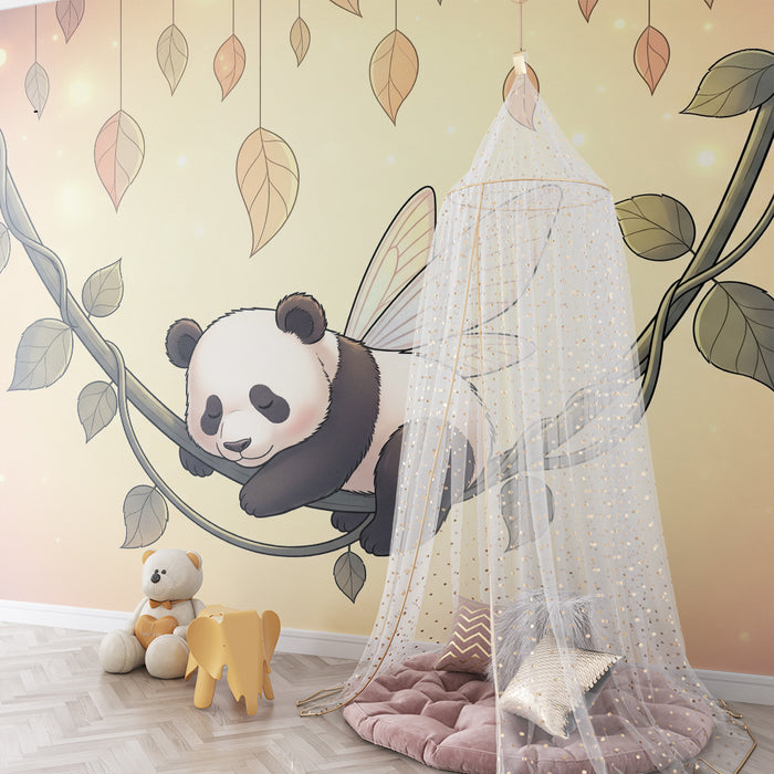 Babykamer behang | Slapende panda met feeën vleugels op een tak