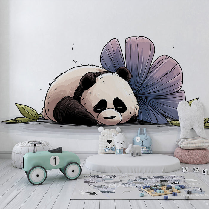 Babykamer behang | Slapende panda met een kleurrijke bloem