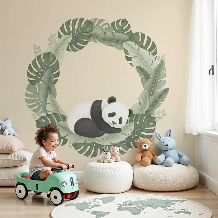 Papier peint chambre bébé | Panda endormi dans un cadre de feuillage