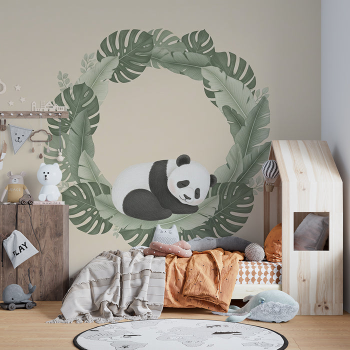 Papier peint chambre bébé | Panda endormi dans un cadre de feuillage