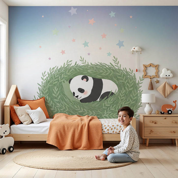Papier peint chambre bébé | Panda endormi dans un nid de verdure