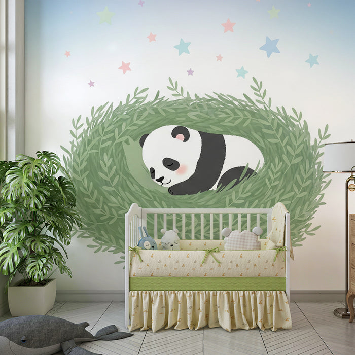 Papier peint chambre bébé | Panda endormi dans un nid de verdure