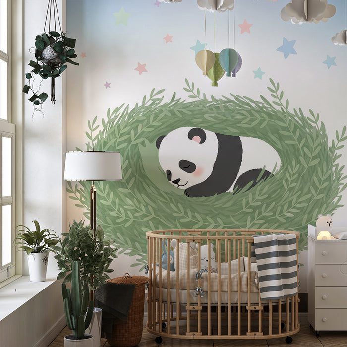 Papier peint chambre bébé | Panda endormi dans un nid de verdure