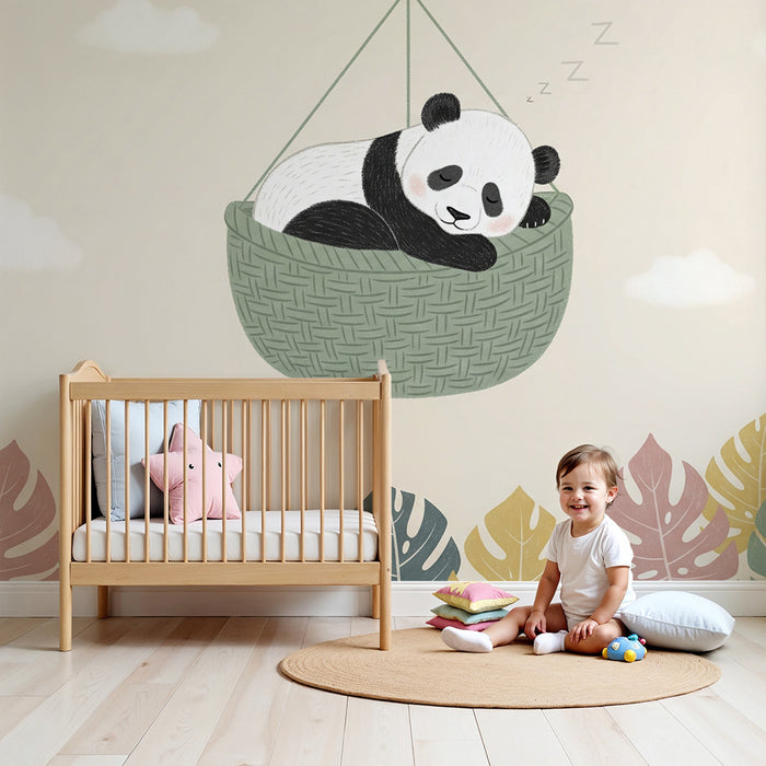 Papier peint chambre bébé | Panda endormi dans un panier