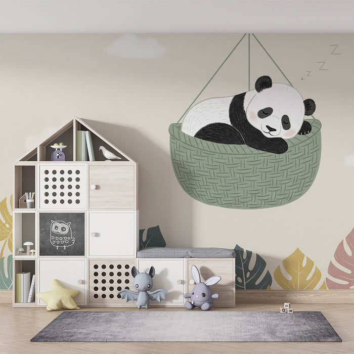 Papier peint chambre bébé | Panda endormi dans un panier