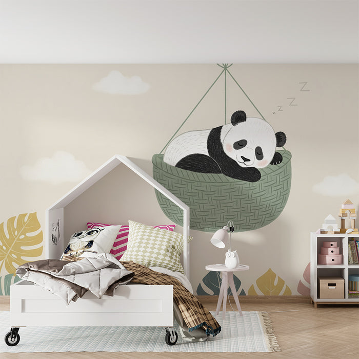 Papier peint chambre bébé | Panda endormi dans un panier