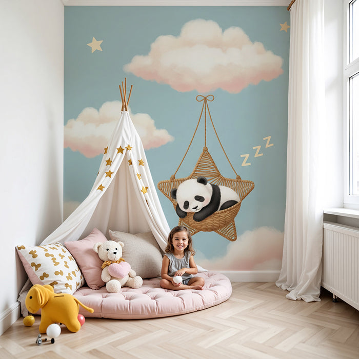 Papier peint chambre bébé | Panda endormi dans une étoile au milieu des nuages