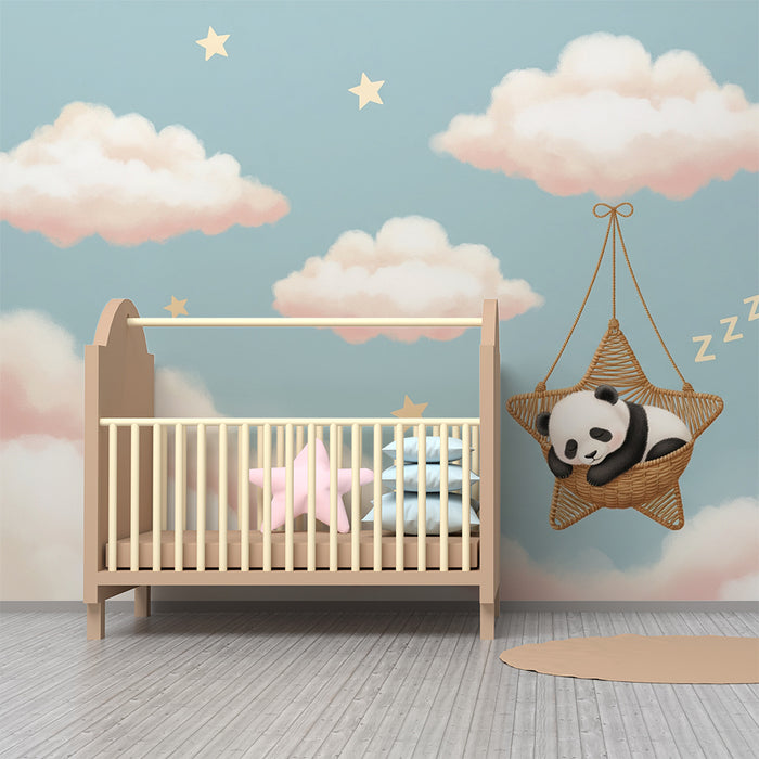 Papier peint chambre bébé | Panda endormi dans une étoile au milieu des nuages