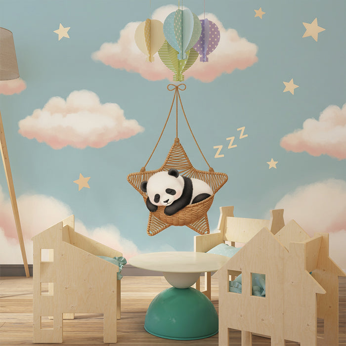 Papier peint chambre bébé | Panda endormi dans une étoile au milieu des nuages