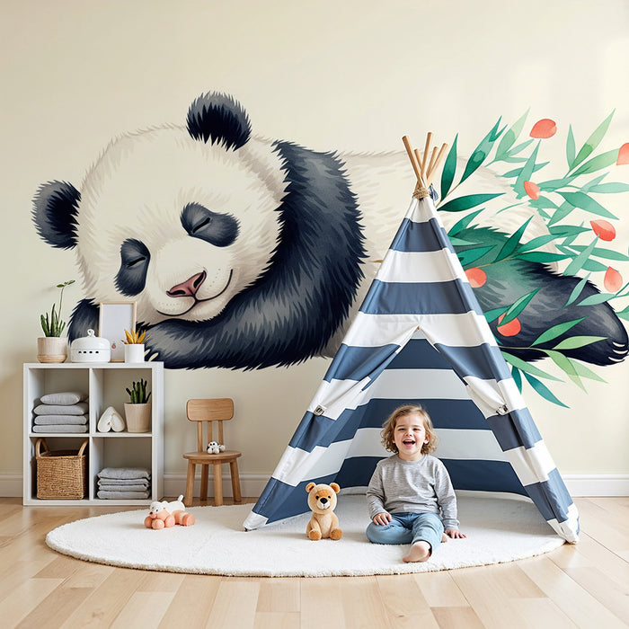 Barnrumspapper | Sovande panda omgiven av lövverk
