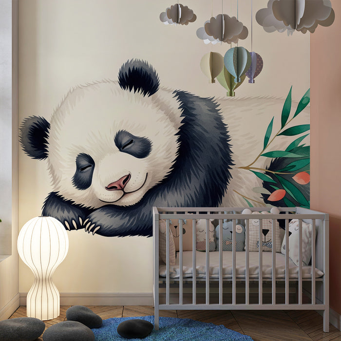 Barnrumspapper | Sovande panda omgiven av lövverk