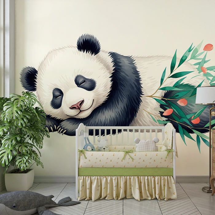 Barnrumspapper | Sovande panda omgiven av lövverk