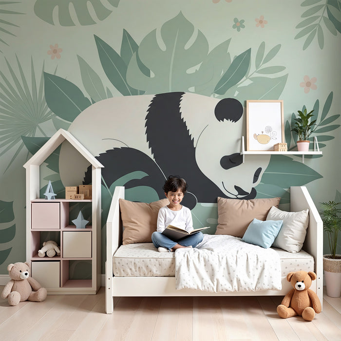 Tapet barnerom | Søvnig panda omgitt av tropisk løvverk