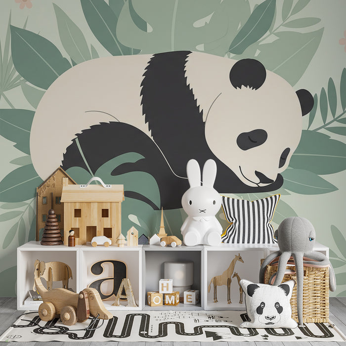 Tapet barnerom | Søvnig panda omgitt av tropisk løvverk