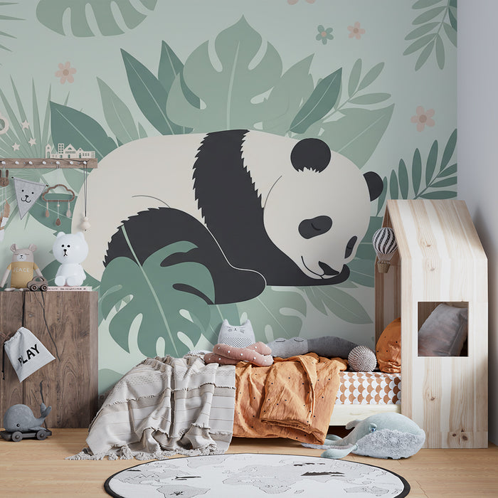 Tapet barnerom | Søvnig panda omgitt av tropisk løvverk