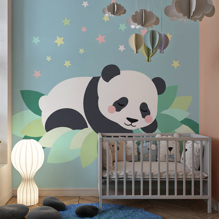Barntapet | Sovande panda omgiven av färgglada löv och stjärnor
