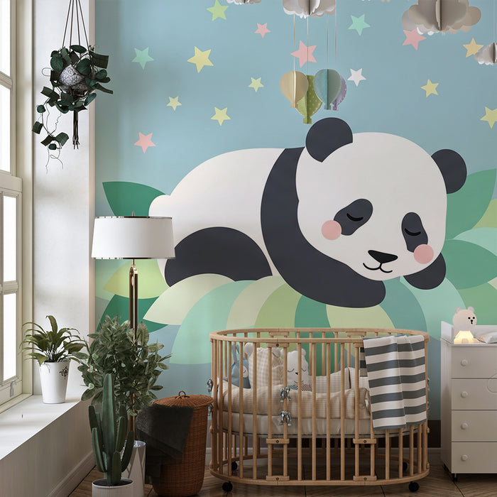 Barntapet | Sovande panda omgiven av färgglada löv och stjärnor