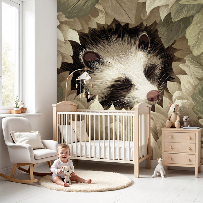 Babykamer behang | Slapende panda omringd door delicate bloemen