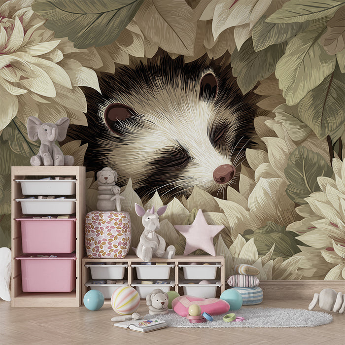 Babykamer behang | Slapende panda omringd door delicate bloemen
