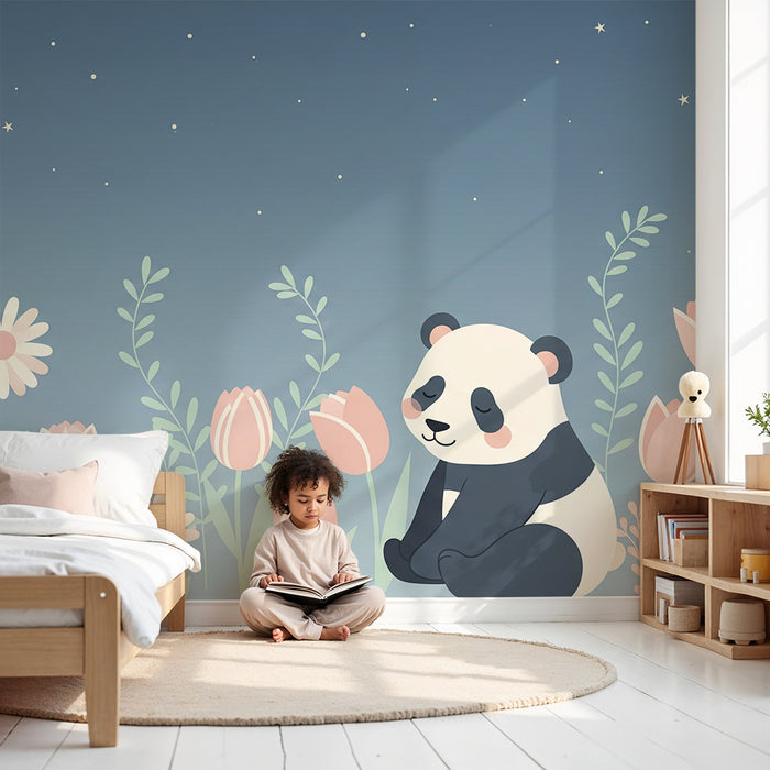 Babyzimmer Tapete | Schlafender Panda unter süßen Blumen unter einem sternenklaren Himmel